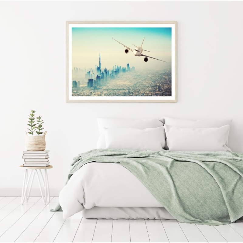 Plane Flying Over City  Photograph Home Decor Premium Quality Poster Print Choose Your Sizes