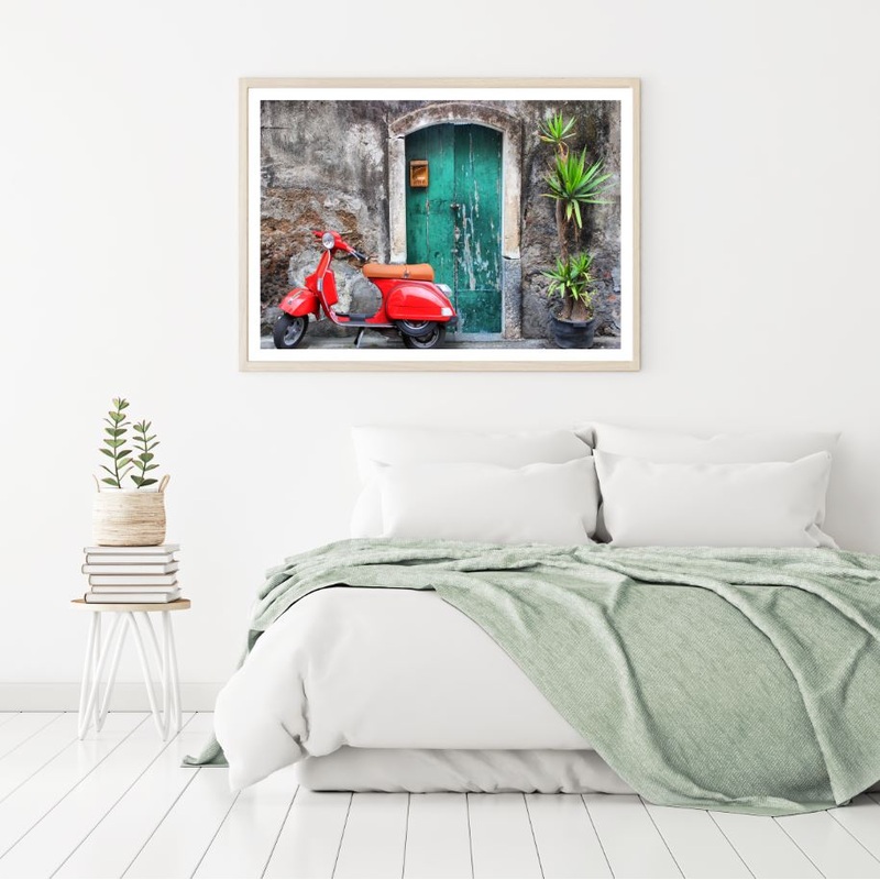 Red Bike Near Wall Photograph Home Decor Premium Quality Poster Print Choose Your Sizes