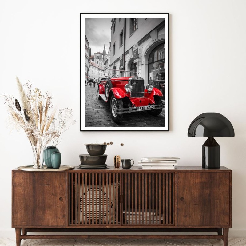 Red Car on Street B&W Photograph Home Decor Premium Quality Poster Print Choose Your Sizes