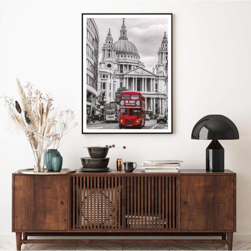 Red Bus in Street Photograph Home Decor Premium Quality Poster Print Choose Your Sizes