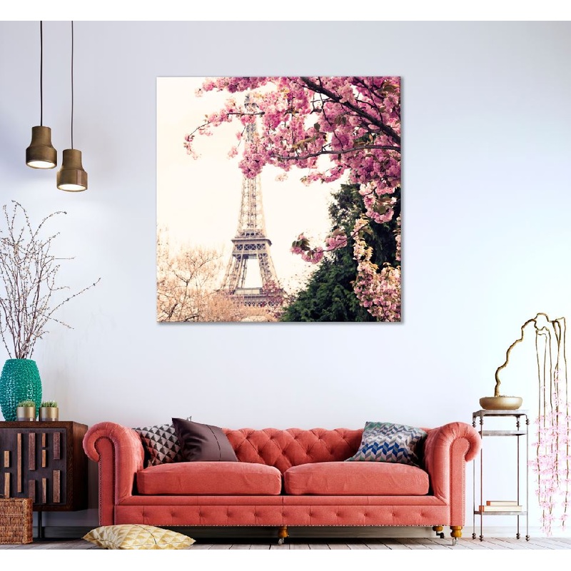 Square Canvas Eiffel Tower & Flower Tree Photograph High Quality Print 100% Australian Made