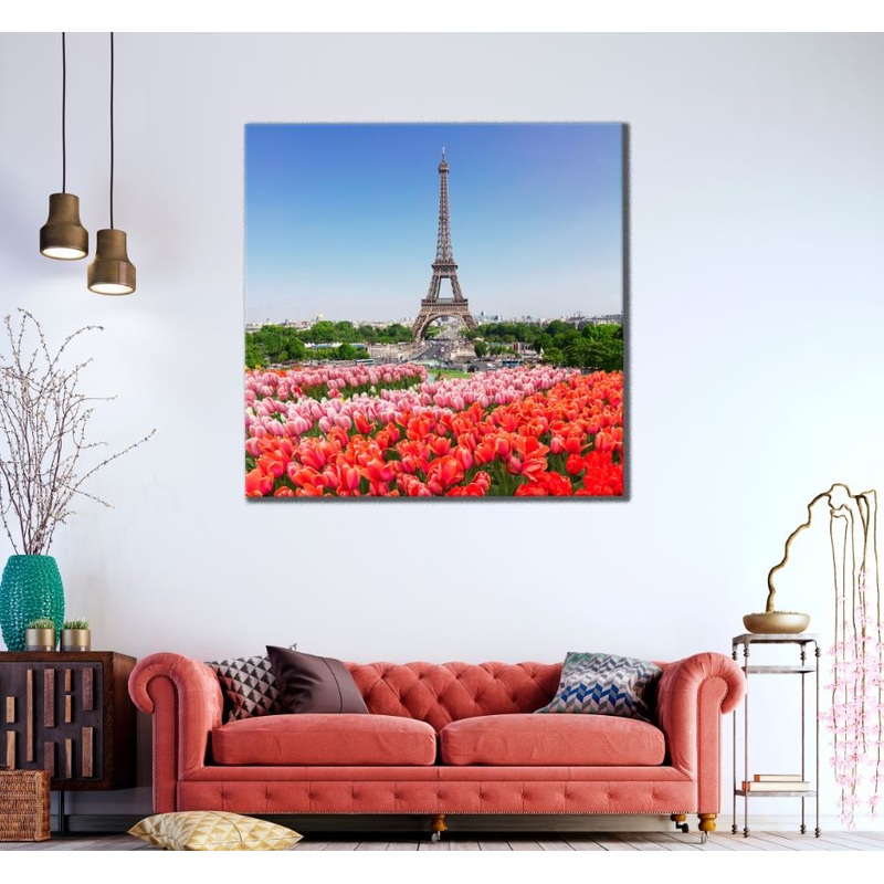 Square Canvas Eiffel Tower & Tulip Flowers High Quality Print 100% Australian Made