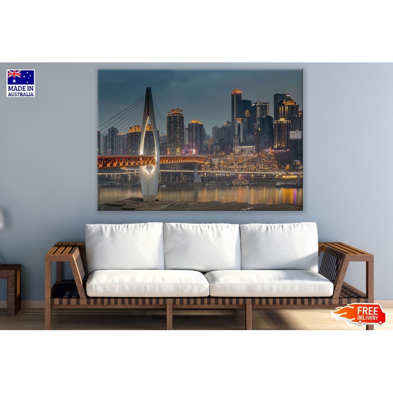 Qiansimen Bridge & Chongqing City Night View Photograph, China Print 100% Australian Made