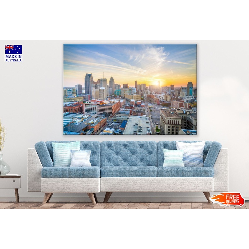 Aerial View of Detroit at Sunset in Michigan, USA Print 100% Australian Made