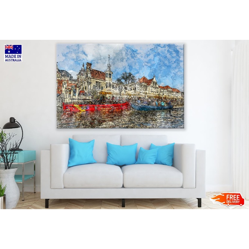 Boats on Canal in Amsterdam, Netherland Print 100% Australian Made