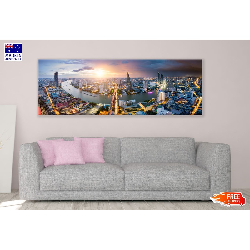 Panoramic Canvas Bangkok Downtown Aerial Sunset View High Quality 100% Australian Made Wall Canvas Print Ready to Hang