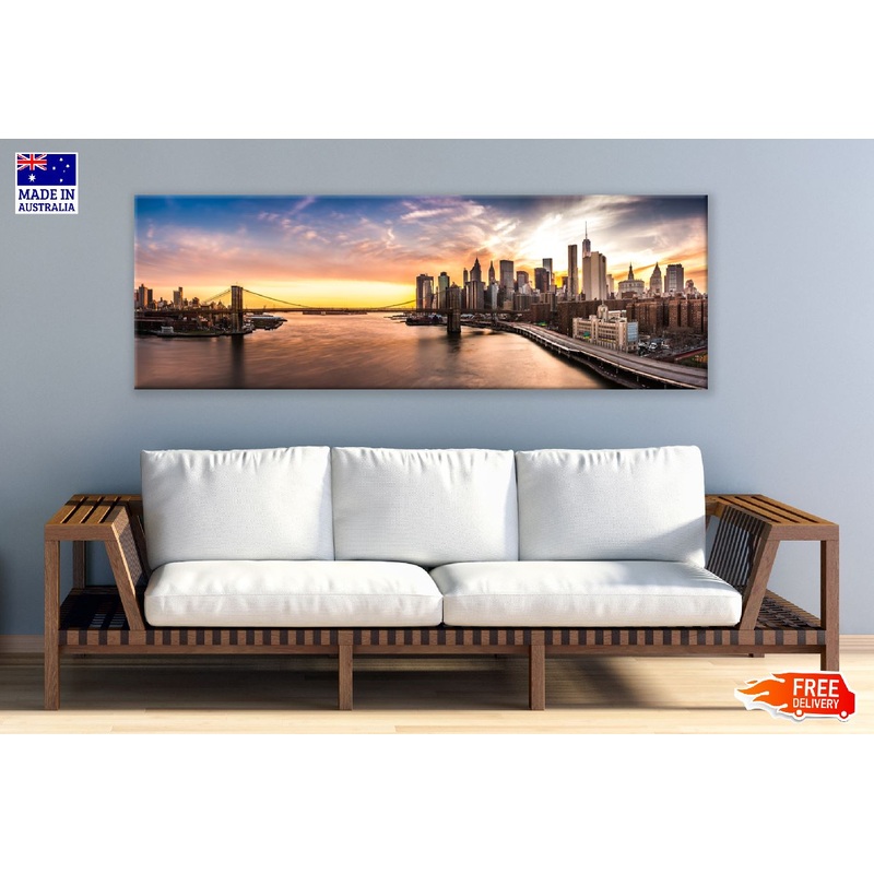 Panoramic Canvas Brooklyn Bridge at Sunset View High Quality 100% Australian Made Wall Canvas Print Ready to Hang