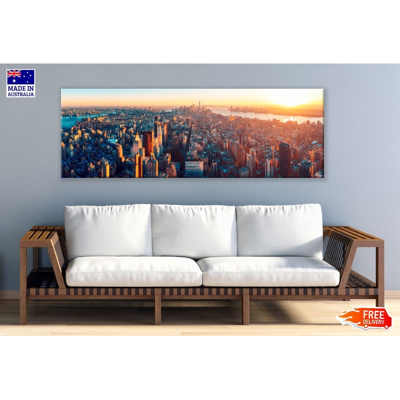 Panoramic Canvas Manhattan City Aerial Sunset Photograph High Quality 100% Australian Made Wall Canvas Print Ready to Hang