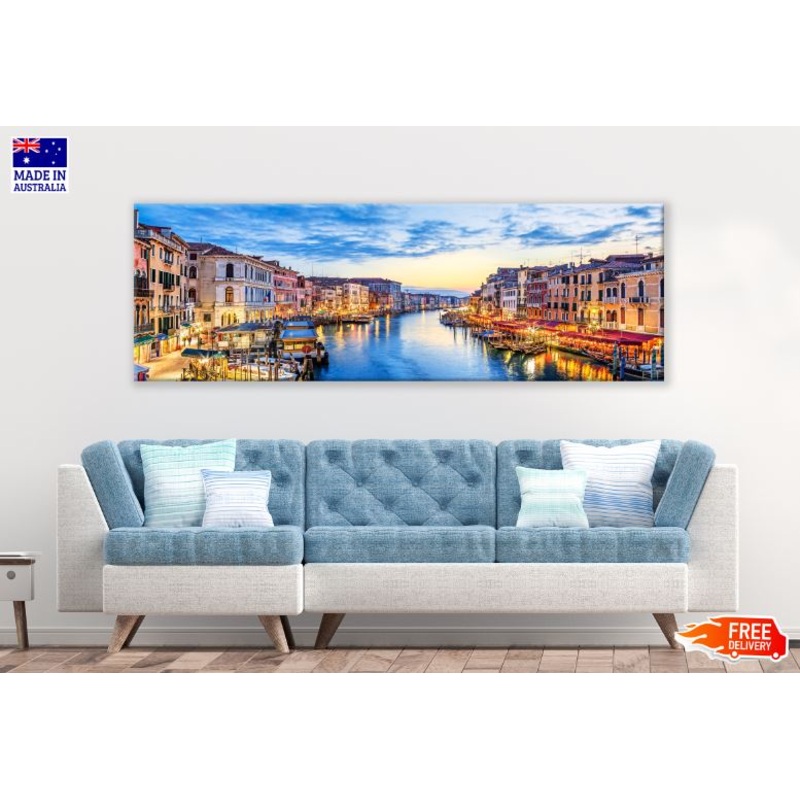 Panoramic Canvas Canal & City Buildings Photograph High Quality 100% Australian Made Wall Canvas Print Ready to Hang