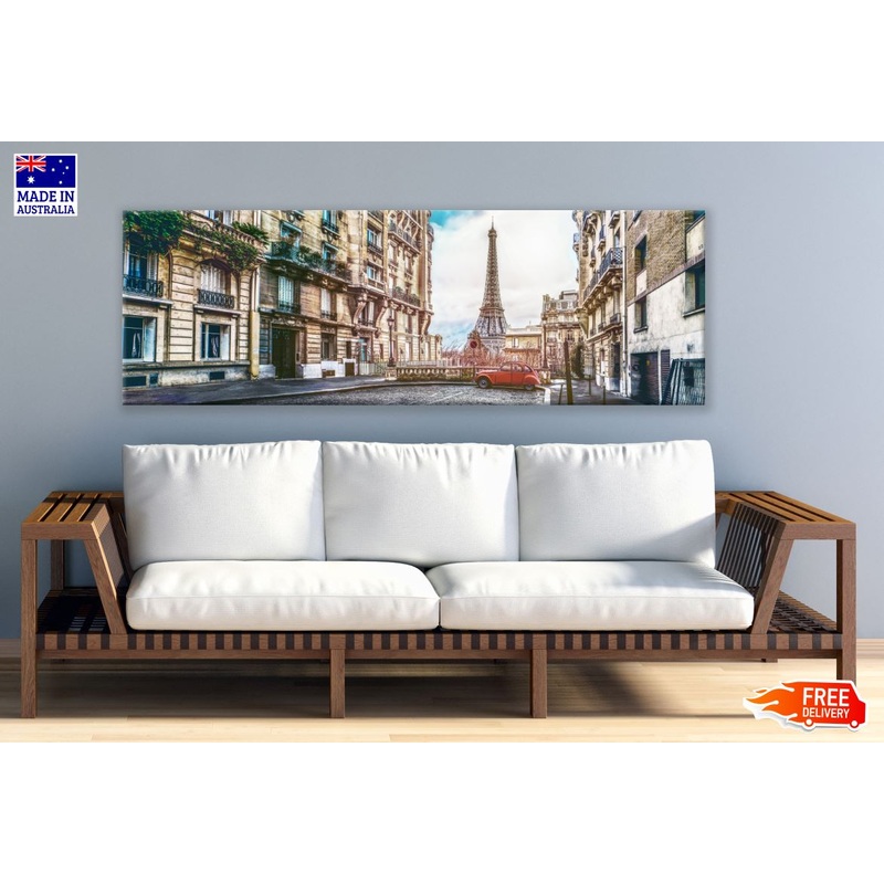 Panoramic Canvas Paris Street with View on the Eiffel Tower High Quality 100% Australian made wall Canvas Print ready to hang