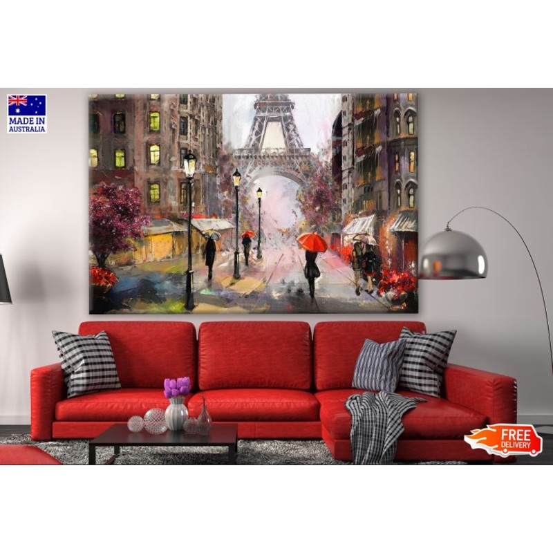 People Walking in Street Eiffel Tower Painting Print 100% Australian Made