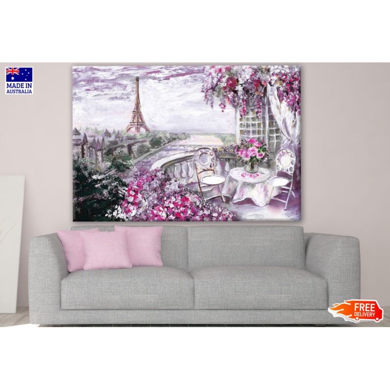 Summer Cafe in Paris City Landscape View Eiffel Tower Oil Painting Print 100% Australian Made