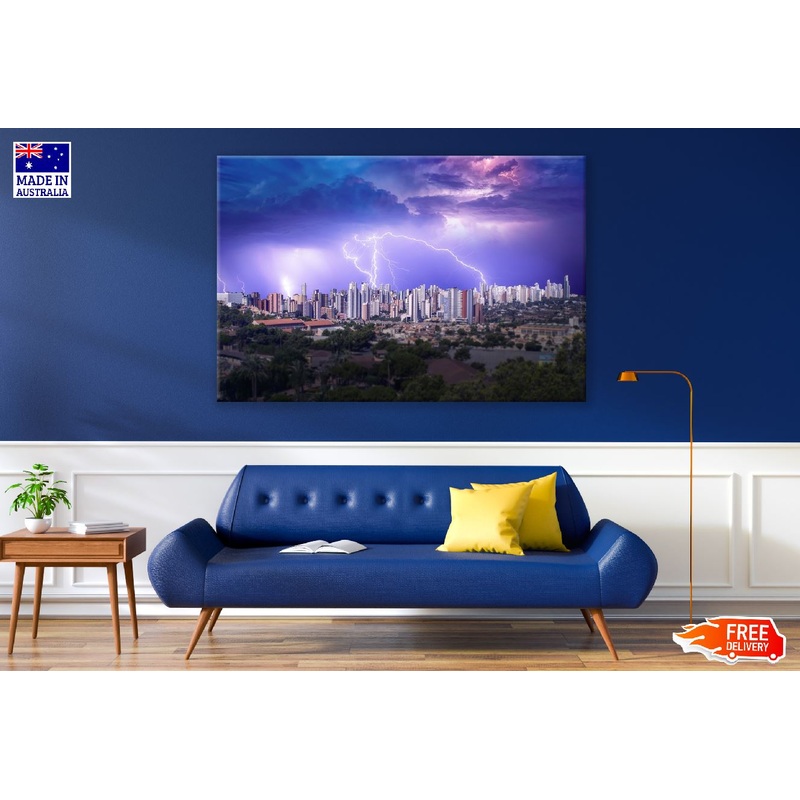 Thunder Storm with Various Lightnings on City View Print 100% Australian Made