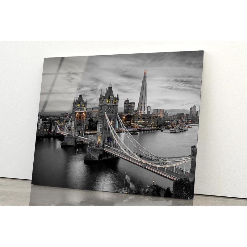 B&W London City With Lights Acrylic Glass Print Tempered Glass Wall Art 100% Made in Australia Ready to Hang