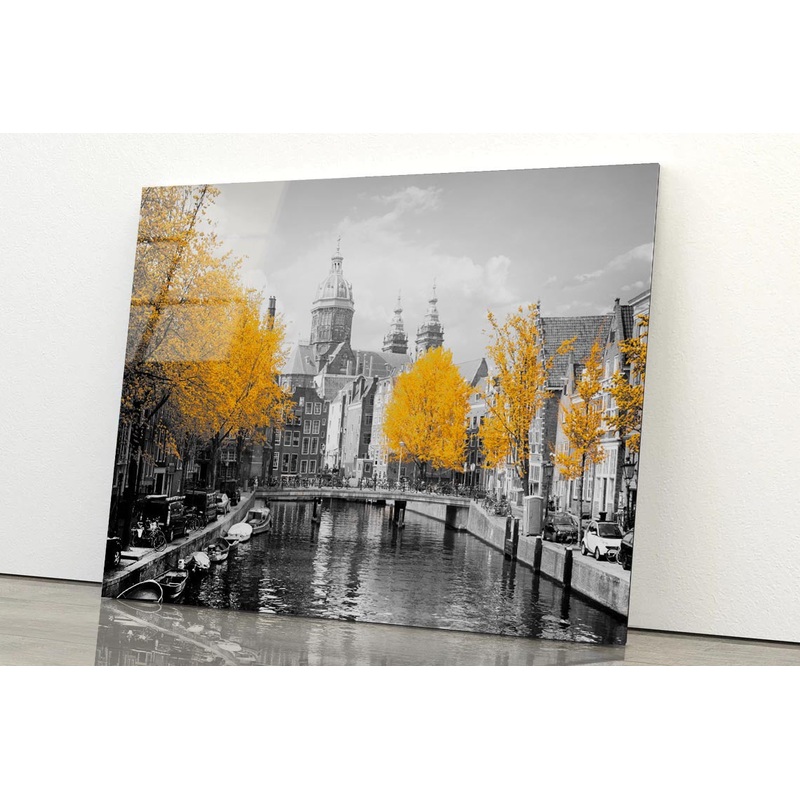 B&W Old Town Canal in Amsterdam Acrylic Glass Print Tempered Glass Wall Art 100% Made in Australia Ready to Hang