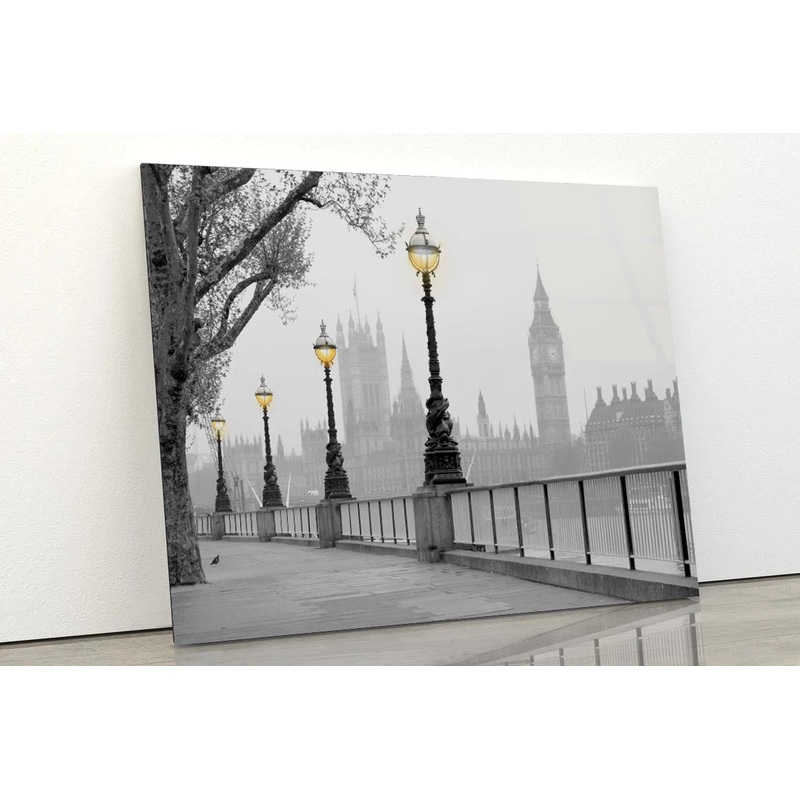 B&W Street Lights with City Acrylic Glass Print Tempered Glass Wall Art 100% Made in Australia Ready to Hang