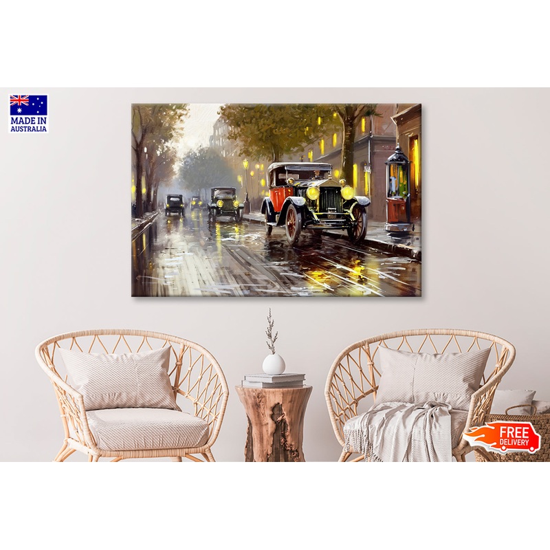 Old Cars on the City Street Oil Painting Wall Art Limited Edition High Quality Print