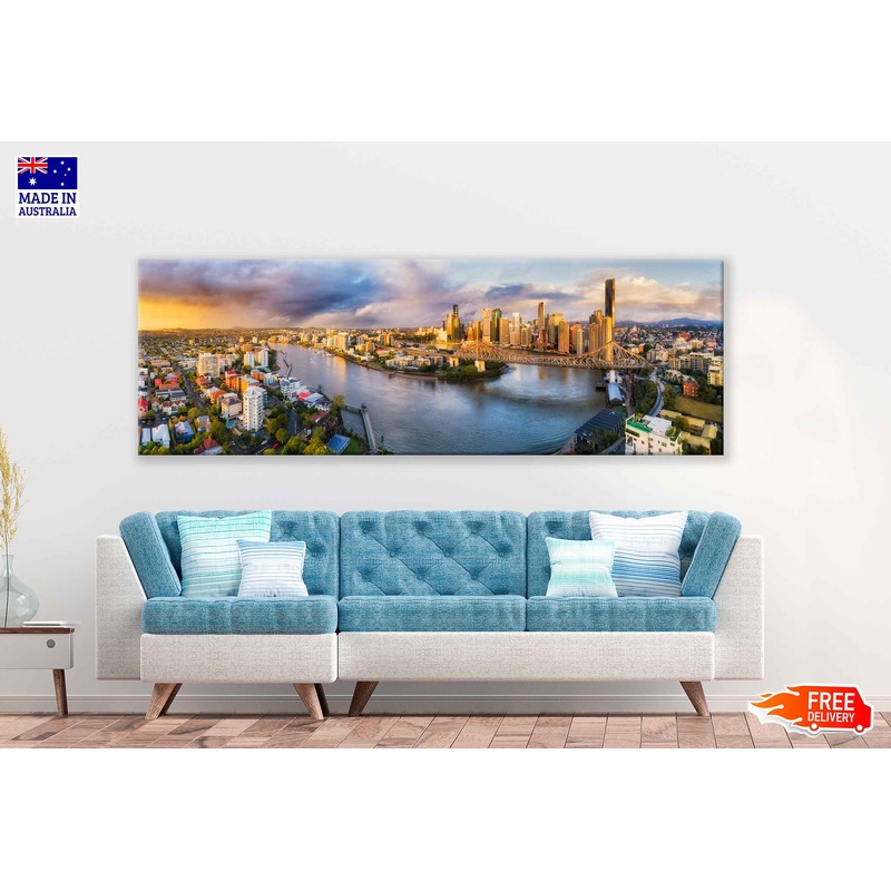 Panoramic Canvas Brisbane City With Buildings High Quality 100% Australian Made Wall Canvas Print Ready to Hang
