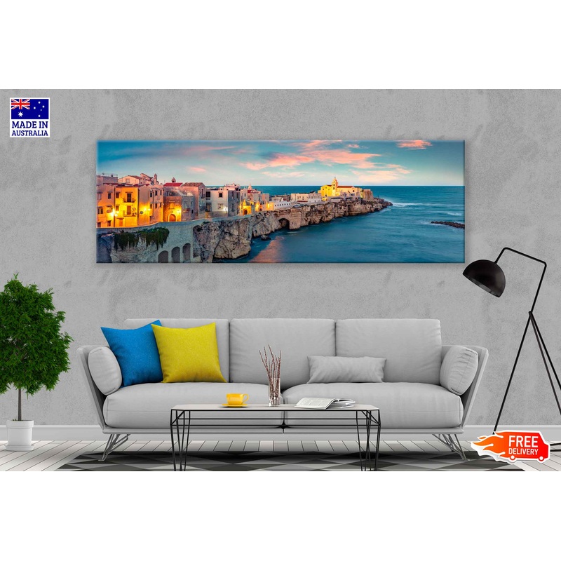 Panoramic Canvas Coastal Vieste Town & Cloudy Sky Photograph High Quality 100% Australian Made Wall Canvas Print Ready to Hang