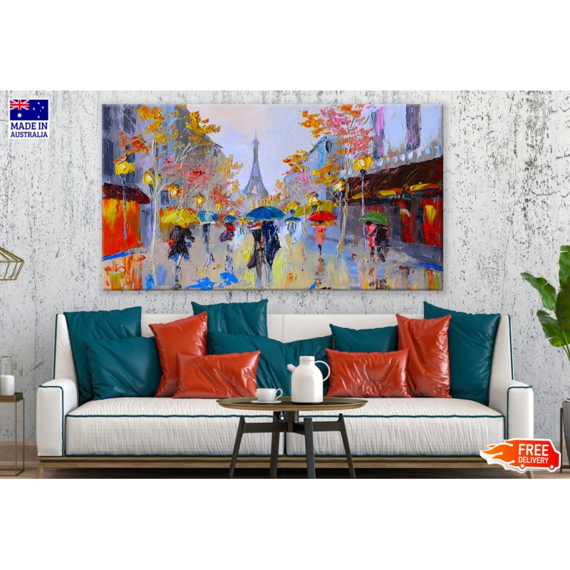 People Walking in Rain Eiffel Tower Painting Print 100% Australian Made