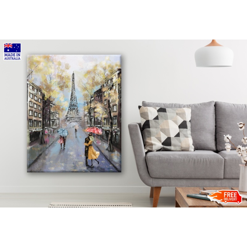 Romantic Paris Eiffel Tower & Couple Walking Painting Print 100% Australian Made