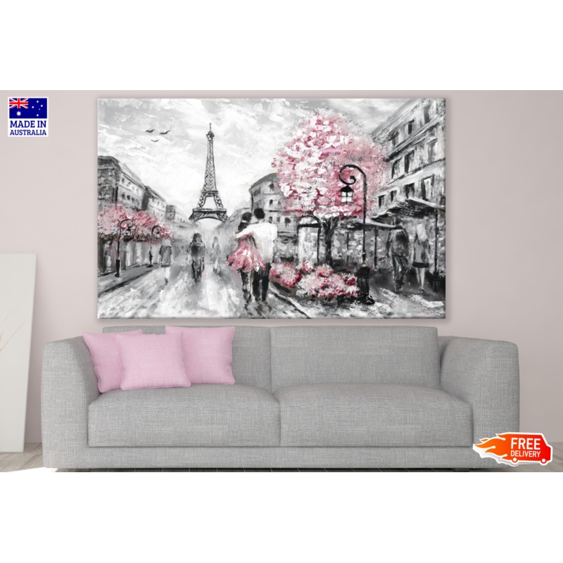 Romantic PAris Street Eiffel Tower & Flower Trees Painting Print 100% Australian Made
