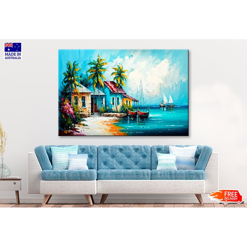 Tropical Seascape Village Oil Painting Wall Art Limited Edition High Quality Print