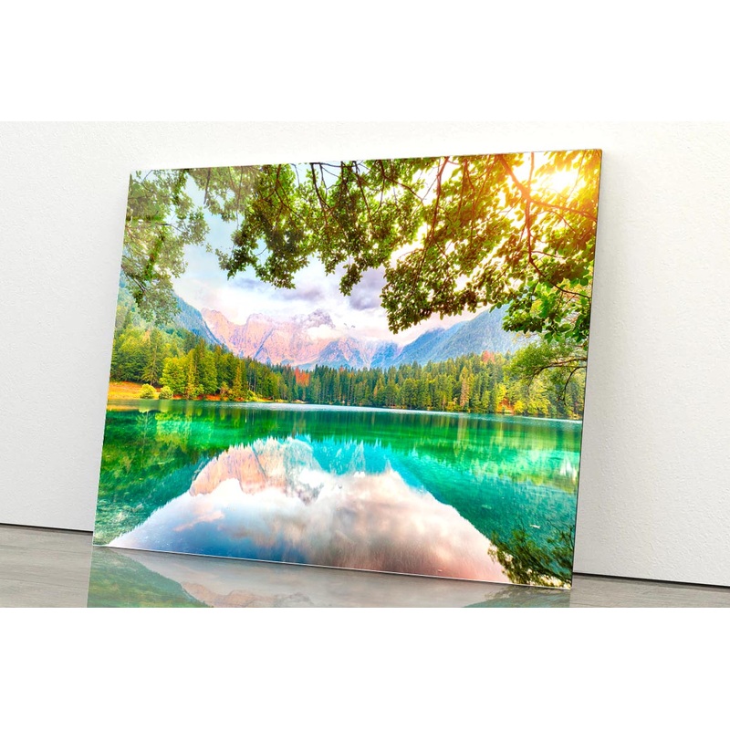 View of Sunset Over Fusine Lake with Mountains Acrylic Glass Print Tempered Glass Wall Art 100% Made in Australia Ready to Hang