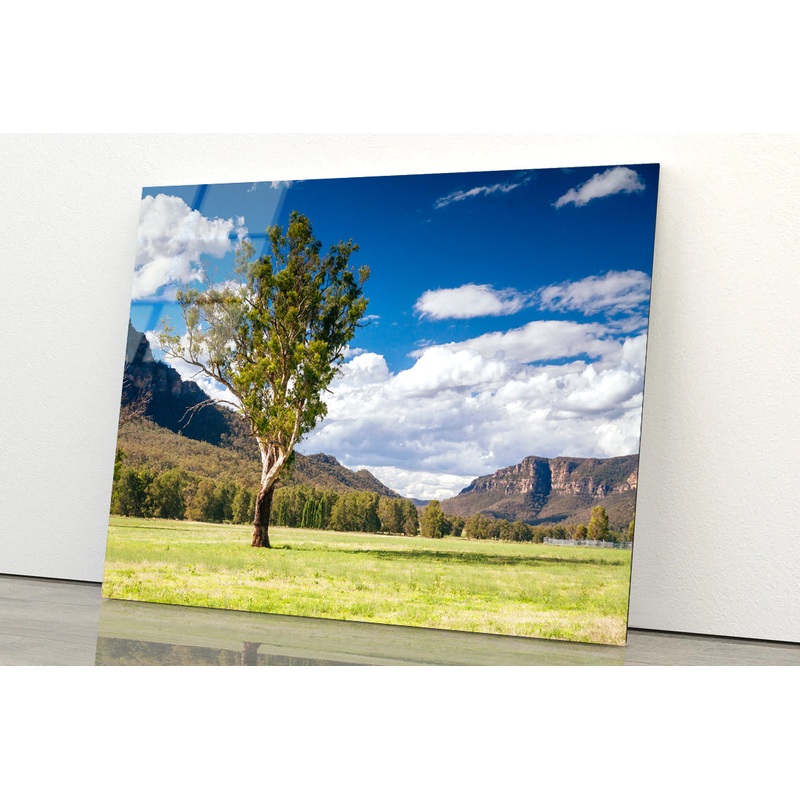 A Cloudy Sky and Mountains with Grass and Meadows Acrylic Glass Print Tempered Glass Wall Art 100% Made in Australia Ready to Hang