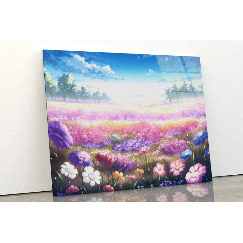 A Field of Purple & Violet Flowers under a Sky Acrylic Glass Print Tempered Glass Wall Art 100% Made in Australia Ready to Hang