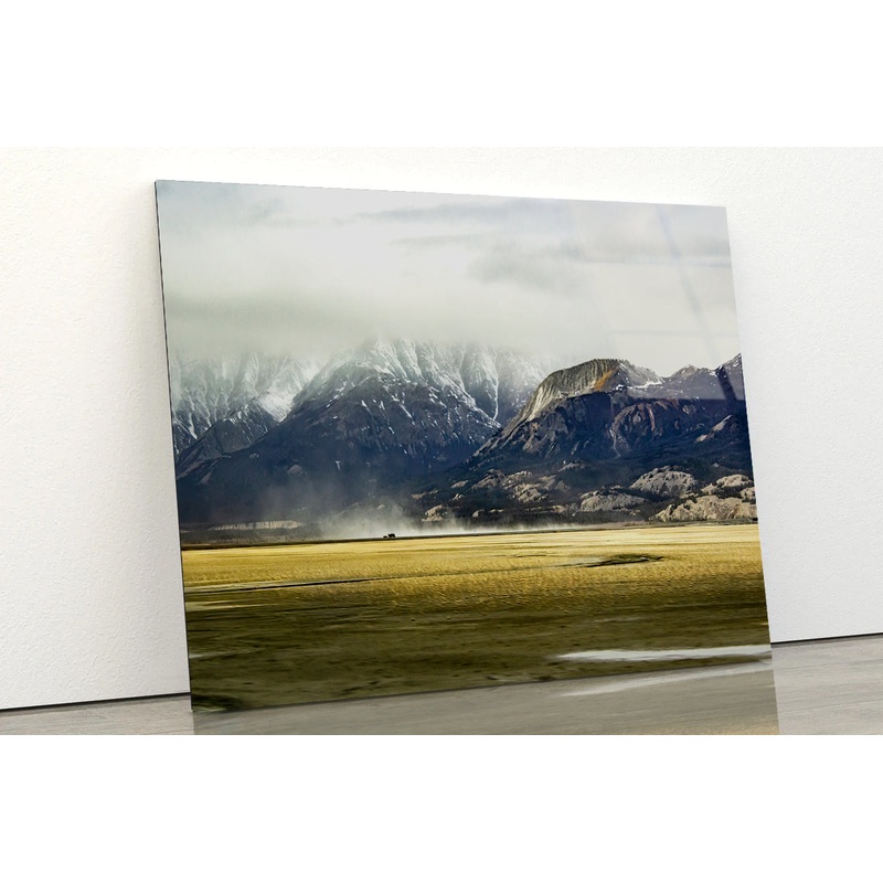 A Field with Mountains, Clouds, Snow, and Grass Acrylic Glass Print Tempered Glass Wall Art 100% Made in Australia Ready to Hang