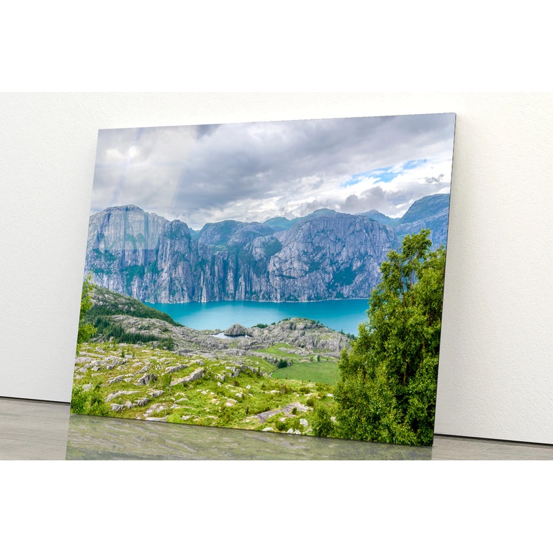 A Lake Surrounded By Mountains with Clouds Acrylic Glass Print Tempered Glass Wall Art 100% Made in Australia Ready to Hang