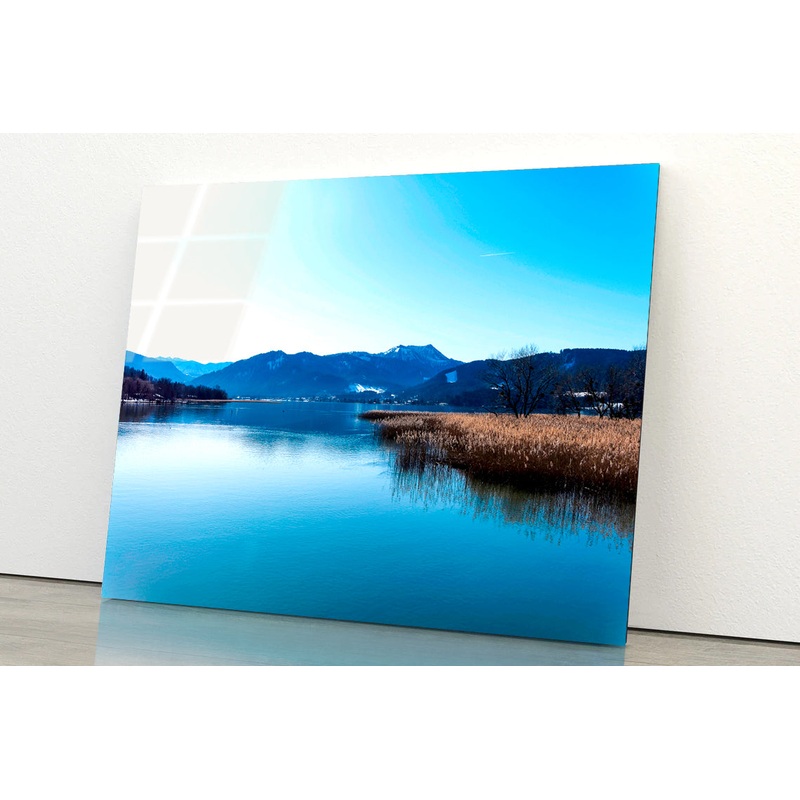 A Lake with a Blue Sky Overhead With Mountains Acrylic Glass Print Tempered Glass Wall Art 100% Made in Australia Ready to Hang