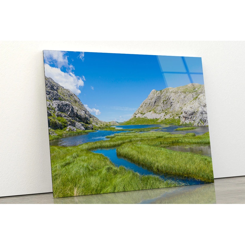 A River Flowing Through a Valley with Mountains Acrylic Glass Print Tempered Glass Wall Art 100% Made in Australia Ready to Hang