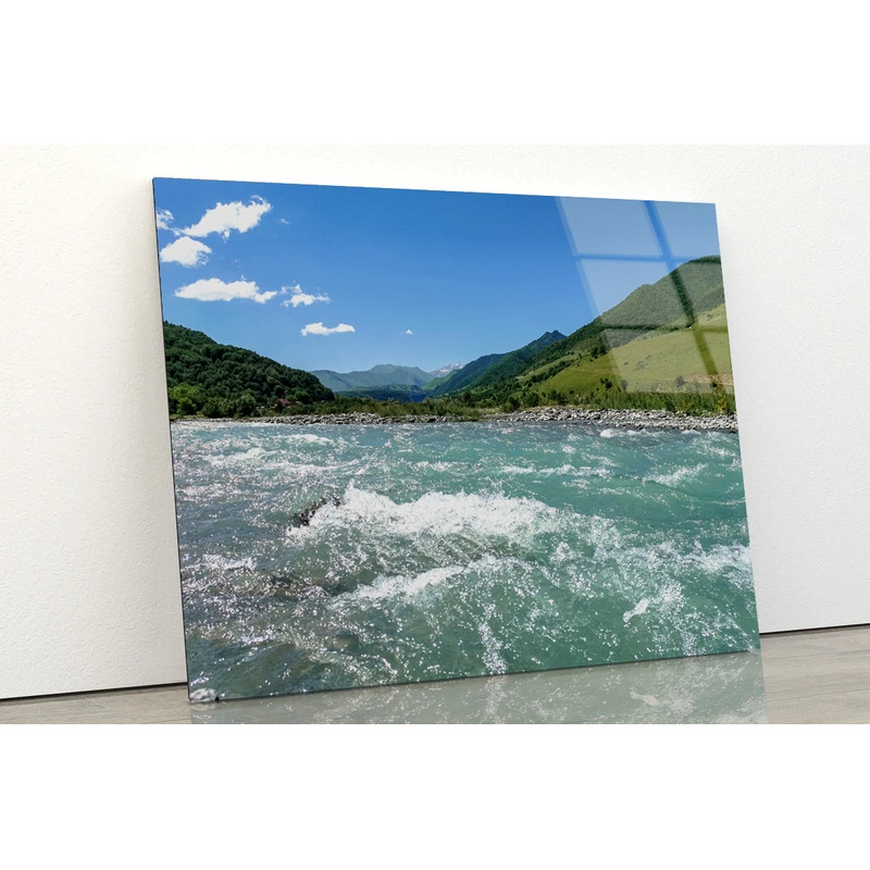 A River Flowing Through Green Hills with Mountains Acrylic Glass Print Tempered Glass Wall Art 100% Made in Australia Ready to Hang
