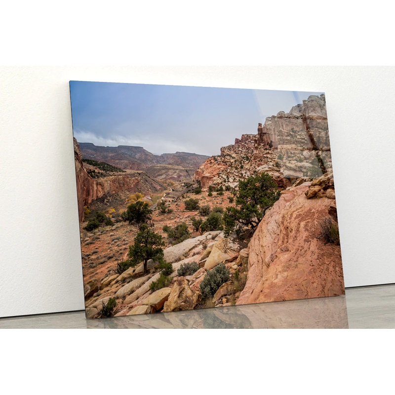 A Rocky Canyon with Trees & A Cloudy Sky Acrylic Glass Print Tempered Glass Wall Art 100% Made in Australia Ready to Hang