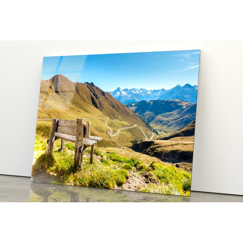 Bench Overlooking a Valley with Grass & Mountains Acrylic Glass Print Tempered Glass Wall Art 100% Made in Australia Ready to Hang