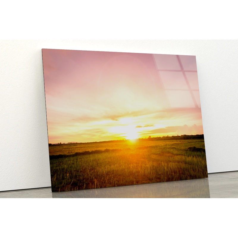 Empty Grassland and Sunset Acrylic Glass Print Tempered Glass Wall Art 100% Made in Australia Ready to Hang