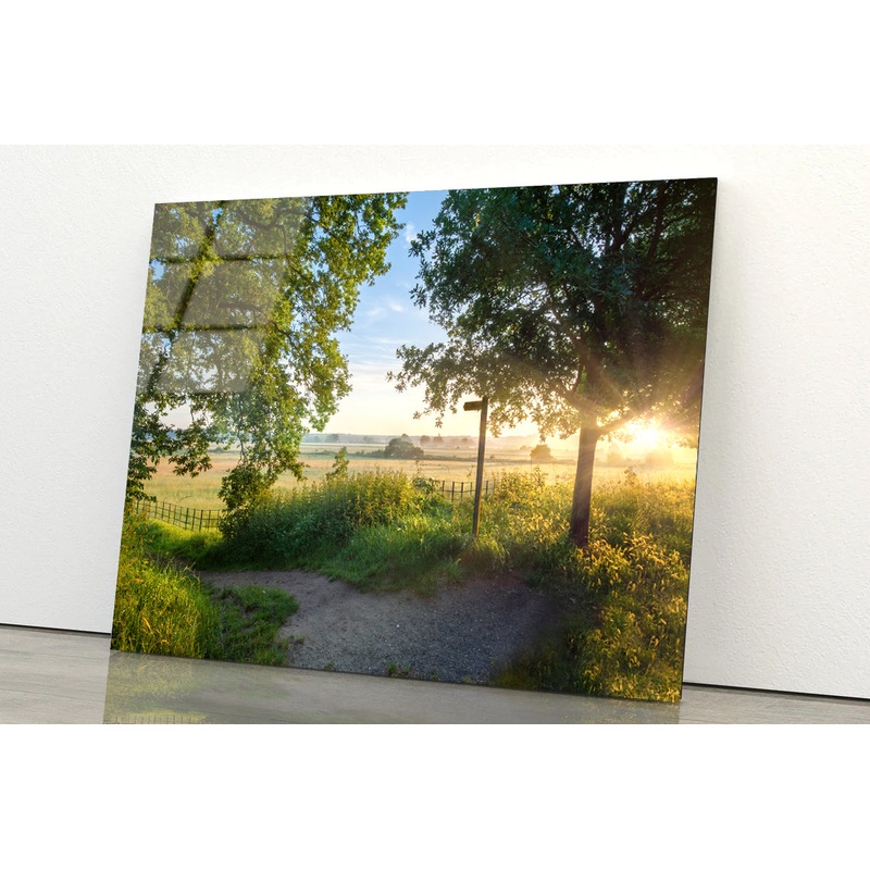 Footpath Sign In Rural Sunrise with Trees & Grass Acrylic Glass Print Tempered Glass Wall Art 100% Made in Australia Ready to Hang