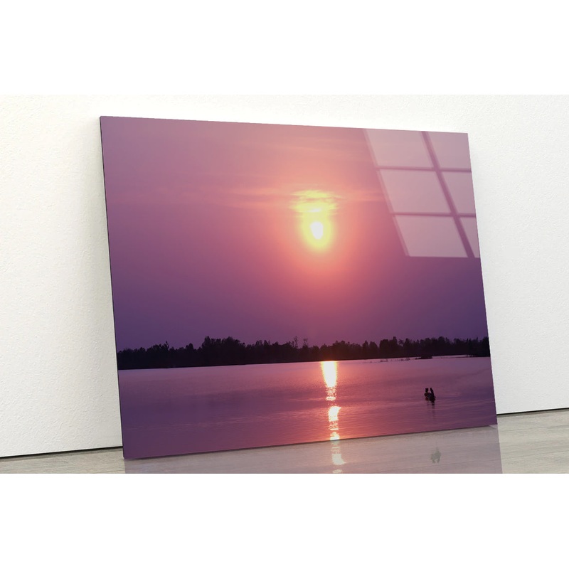 Scenery Of Along the Lake Has an Orange Sky & Sunset Acrylic Glass Print Tempered Glass Wall Art 100% Made in Australia Ready to Hang