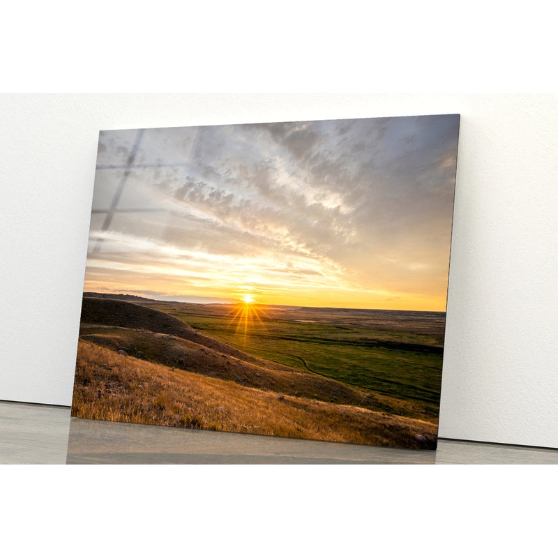 Sunset at Grasslands with Colorful Sky Acrylic Glass Print Tempered Glass Wall Art 100% Made in Australia Ready to Hang