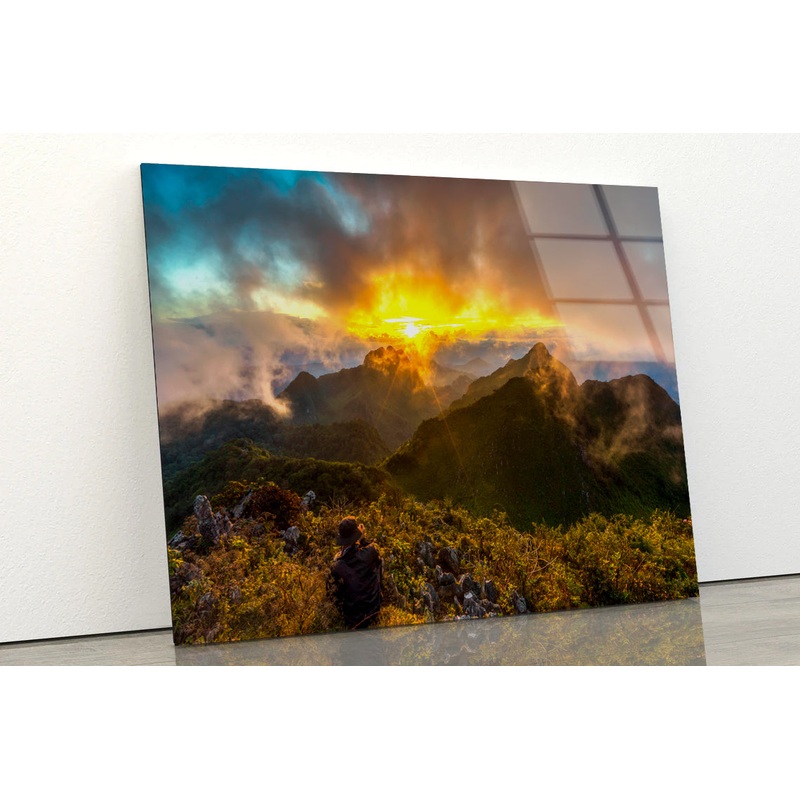 View of a Bright Sun with Mountains and a Cloudy Sky Acrylic Glass Print Tempered Glass Wall Art 100% Made in Australia Ready to Hang