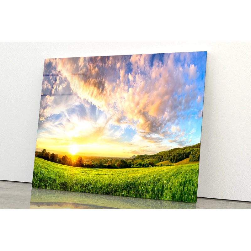 View of Colorful Sunset on a Green Meadow Acrylic Glass Print Tempered Glass Wall Art 100% Made in Australia Ready to Hang
