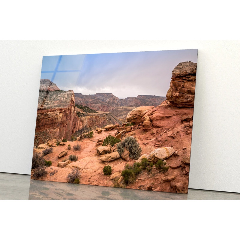 View of Rocks and Bushes with Mountains Acrylic Glass Print Tempered Glass Wall Art 100% Made in Australia Ready to Hang
