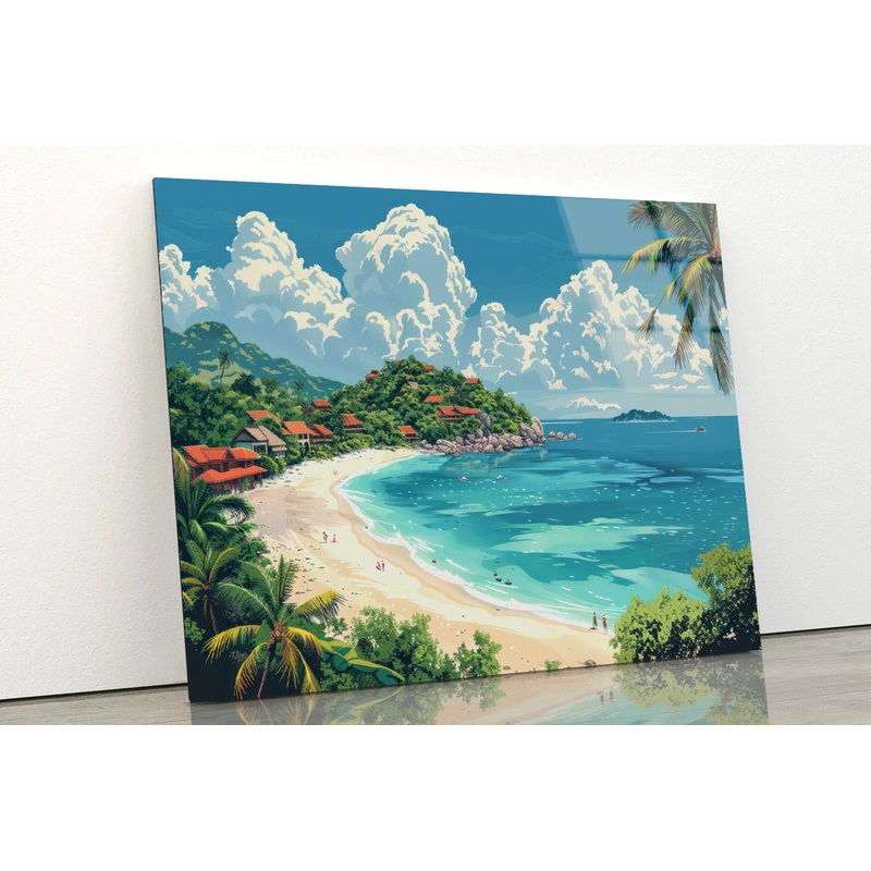 A Beach with a Body of Water with Palm Trees & a Sky Acrylic Glass Print Tempered Glass Wall Art 100% Made in Australia Ready to Hang
