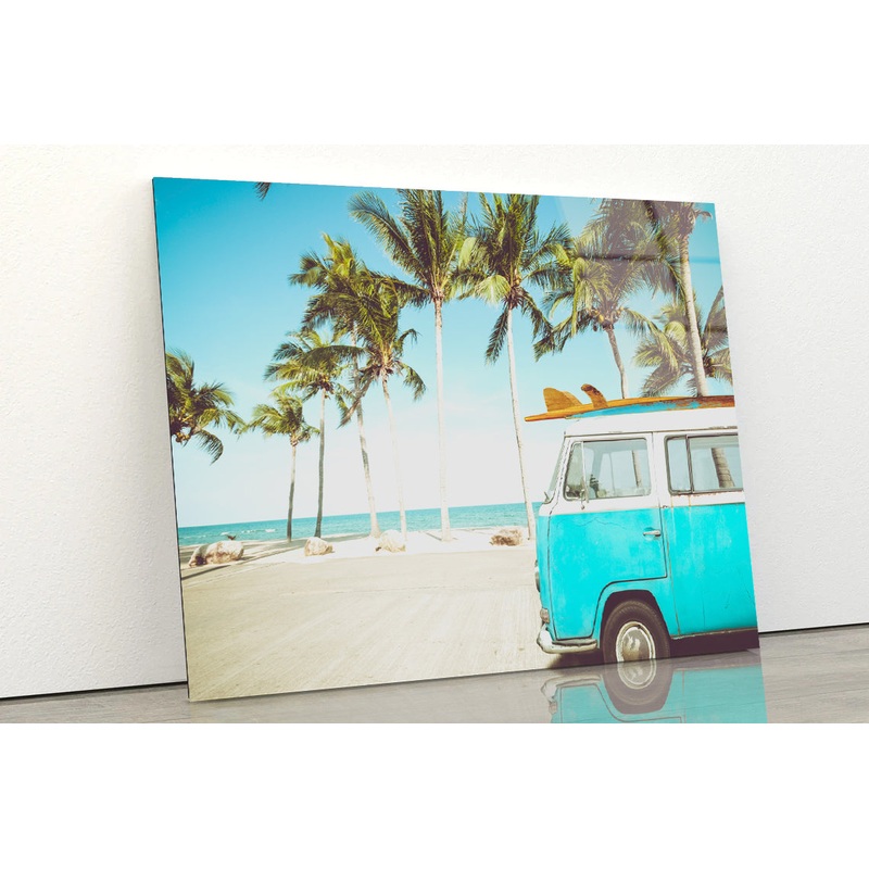 A Blue Van Parked On a Beach with Palm Trees Acrylic Glass Print Tempered Glass Wall Art 100% Made in Australia Ready to Hang