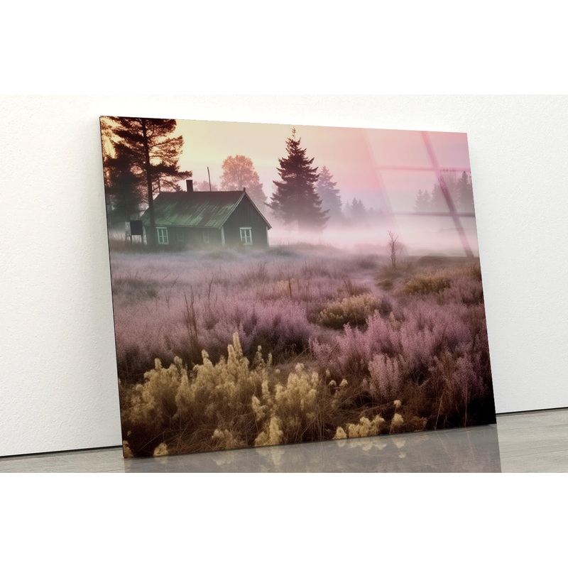 A House in a Field during Sunrise with Trees, Grass Acrylic Glass Print Tempered Glass Wall Art 100% Made in Australia Ready to Hang