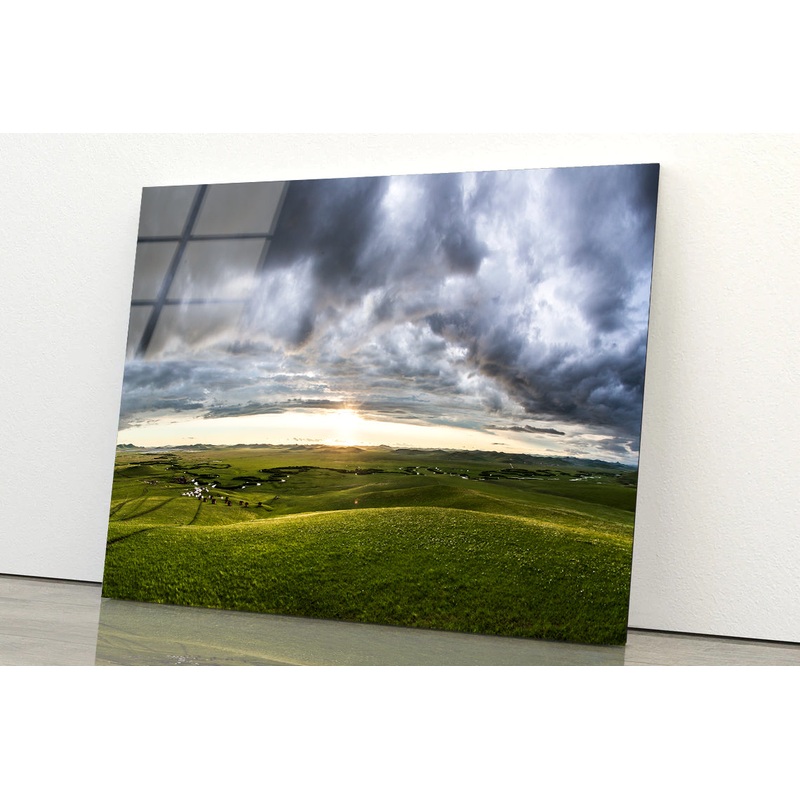 A Large Green Grassland with Clouds in the Sky Acrylic Glass Print Tempered Glass Wall Art 100% Made in Australia Ready to Hang