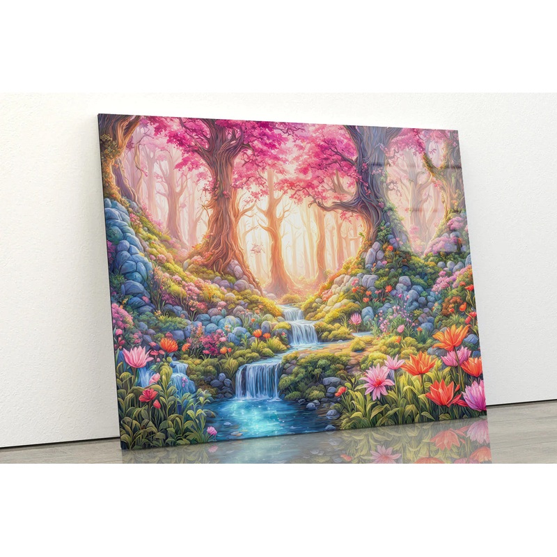 A Painting of a Garden with a Waterfall & Flowers Acrylic Glass Print Tempered Glass Wall Art 100% Made in Australia Ready to Hang