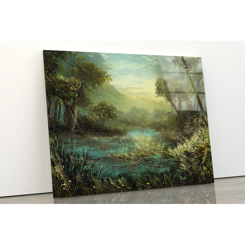A River Surrounded By Trees and Plants Painting Acrylic Glass Print Tempered Glass Wall Art 100% Made in Australia Ready to Hang
